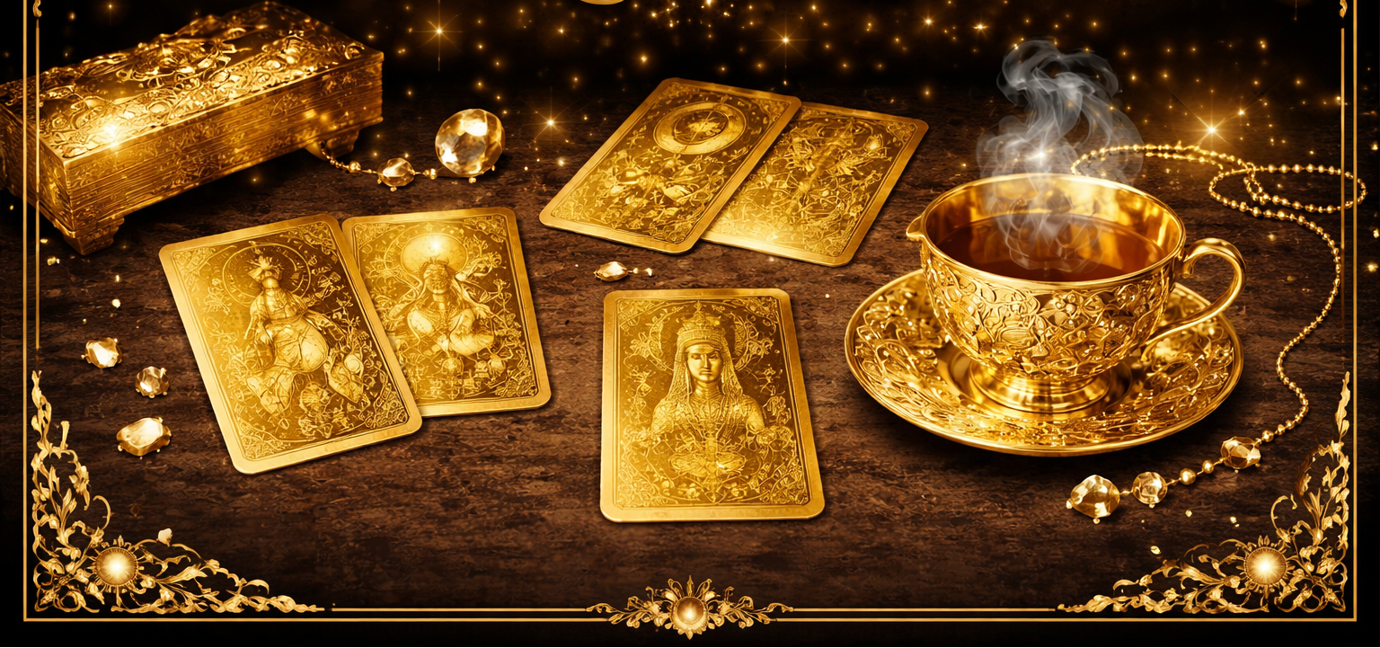 Decorative image with tarot cards, a tea cup, and 'Tarot Tee' text on a dark background.